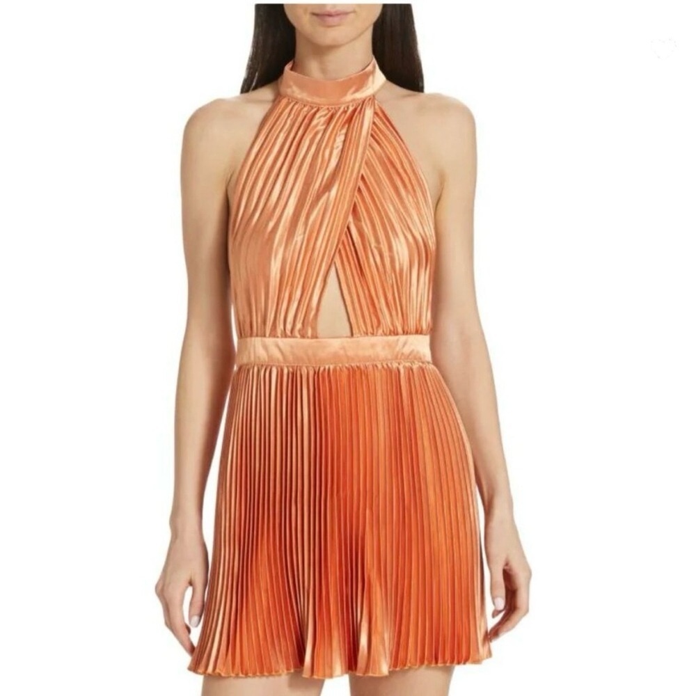 LIDEE Renaissance Pleated Satin Mini Dress Orange Halter Cutout AUS 12 | US 8